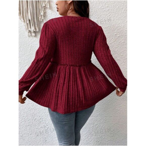 SHEIN Frenchy Plus Rib-knit Peplum Tee, Burgandy, Size 3XL, EUC - Picture 2 of 5